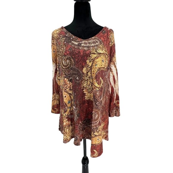 Reba Tunic Top Knit Woman Size 3X Paisley Asymmetrical Hem Boxy Embellished Long - Picture 3 of 7